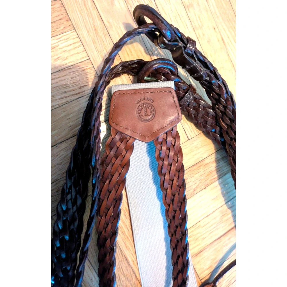 Torino Leather Suspenders 36-48 Dark Brown Braided Buckle Strap Button-On